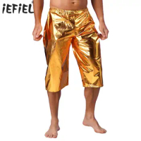 Mens Metallic Shiny Loose Short Pants Music Festival Rave Outfit Disco Dance Theme Party Clubwear Stage Performance Costumes