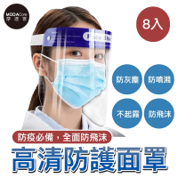 【摩達客】藍帶頭戴式透明防疫面罩8入優惠組(成人隔離防護面罩/全臉)