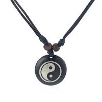 1pcs A Black Resin Faux Yak Bone Resin Yin Ying Yang Taiji / Bagua Charms Pendant Necklace Wax Cotton Cord Tribal Necklace