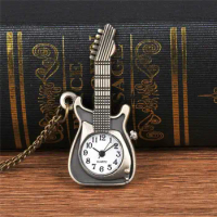 Pocket Watch Women Nurse Watches Jewelry Small Size Antique Bronze Guitar Shape Quartz Pocket Watch