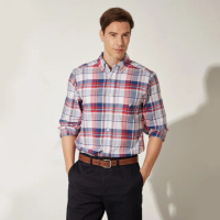 【NAUTICA】男裝 撞色中格紋環保材質長袖襯衫(紅藍)