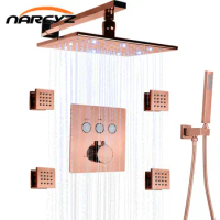 Concealed Shower Rose gold into the wall shower head LED Bathroom Thermostat concealed Shower head set 002TP-28X18