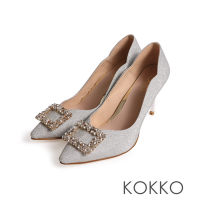 KOKKO晚宴金屬感方形鑲鑽飾釦流線型斜口跟鞋古銀色