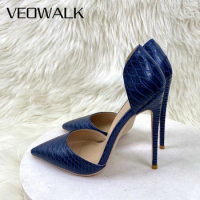 Veowalk Navy Blue Cro-Effect Women D'Orsay Pointed Toe Stiletto Pumps Comfortable Sexy Ladies Party Show Dress High Heel Shoes