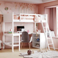 Twin Size Loft Bed with Shelves and Desk, Wooden Loft Bed with Desk - White