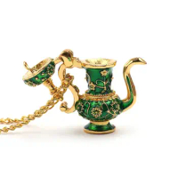 Vintage Necklace Arabian magic lamp design Enamel Green Tea pot Pendant Long Chain Women Sweater Necklace Fashion Jewelry
