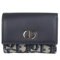 Dior MONTAIGNE 藍色緹花布皮革翻蓋短夾(5卡)