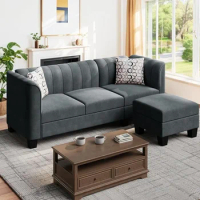 Living room sofa, convertible combination, 3-seater L-shaped, with high armrests, made of linen fabric, suitable for living room