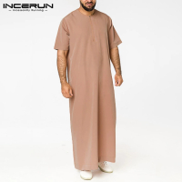 INCERUN lelaki satu warna jubah Saudi a Zipper Jubba Thobe Man Vintage lengan pendek O leher Muslim arab pakaian islam 5XL