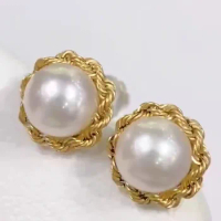 New hot selling strong luster flawless quality 18k gold inlaid 7-8mm aurora freshwater pearl stud earrings female wholesale