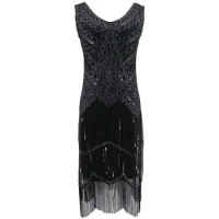 Women Party Dress Robe Charleston 1920s Great Gatsby Flapper Sequin Fringe Midi Dress Vestido Summer Retro Black Evening Dress