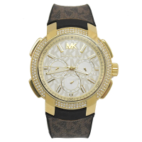 【Michael Kors】經典MK印花錶帶三眼鑲鑽大錶框不鏽鋼時尚腕錶(金 42mm)