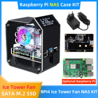 Raspberry Pi 4 NAS Kit with ABS Case with Ice Tower Cooling Fan 0.96" Screen Dispaly Support SATA M.2 SSD for Raspberry Pi 4B