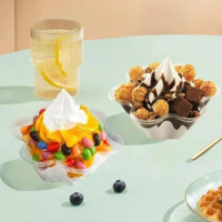 ถ้วยซันเดย์พลาสติกรูปดอกไม้, 50 ชิ้น, ถ้วยสลัด, ใช้แล้วทิ้ง, 250ml/300ml, ถ้วยไอศกรีม, โปร่งใส, หนา,