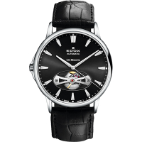 EDOX Les Bemonts Open Vision 薄曼系列機械腕錶-黑/42mm
