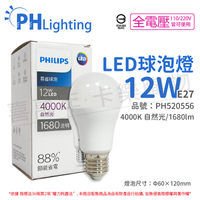 PHILIPS飛利浦 LED 12W E27 4000K 全電壓 自然光 新版 易省 球泡燈_PH520556