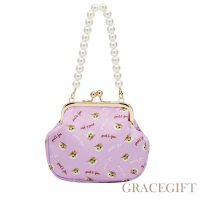 【Grace Gift】PAUL &amp; JOE聯名-貓咪滿版印花珍珠鍊口金包(紫)