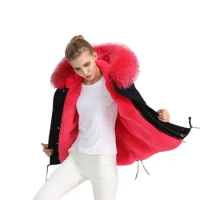 Beading Fur Parka coat For Women Outwear, Peach Red Color Women Fur Parka Party Wear