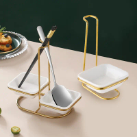 Gold Stainless Steel Ladle Rack with Ceramic Bowl - Spatula Holder & Soup Ladle Stand