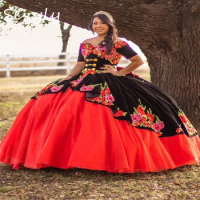 Mexican Black Quinceanera Dresses 2023 Vestidos 15 Anos Plus Size Fluffy Ball Gown Flowers Prom Dress Sweet 15 Birthday Dress