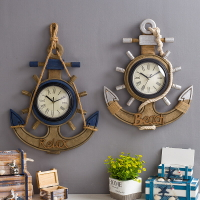 地中海船錨復古墻壁掛鐘客廳木質船舵時鐘酒吧做舊裝飾品創意鐘表