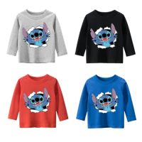 Kawaii Stitch Hoodies Boys' Anime Sweater Autumn Children Cartoon Long Sleeve T-Shirt Navy Collar College Bottoming Shirt Gifts