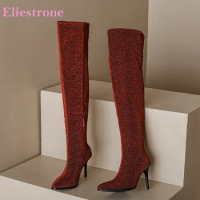 Winter Elegant Red Black Women Thigh High Boots Fashion Pointed Toe High Heel Lady Shoes Plus Big Size 10 43 45 48