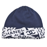CHANEL 經典品牌LOGO滾邊喀什米爾毛帽(深藍色)