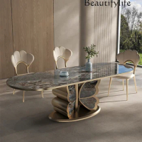 Luxury Stone Marble Dining-Table High-End Modern Simple Rectangular Italian Stone Plate Dining Table Microlite