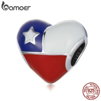bamoer Genuine 925 Sterling Silver Heart-shaped Chilean flag Charm Fit for Women Original Bracelet or Bangle Silver Jewelry Gift