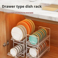 Tiered dish organizer pullout countertop drainable dish storage rack kitchen cabinet cupboards