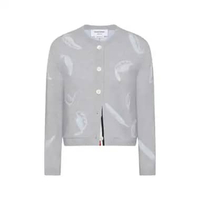 Thom Browne Feather Intarsia Printed Silk Twill Crew Neck Cardigan Pale Grey 42 Grey