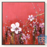 LUKISAN CAT MINYAK ASBTRAK BUNGA PERSIK LATAR MERAH BISA CUSTOM KAIN KANVAS TERBAIK MARSOTO CAT AKRI