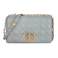 【Dior 迪奧】Dior Caro簍空立體CD字母LOGO條紋交叉縫線設計小牛皮旋釦翻蓋斜背包(大/石灰)