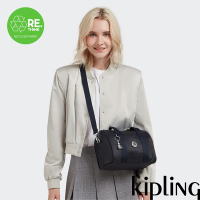Kipling 褶皺色丁黑中型圓筒手提肩背兩用包-BINA M