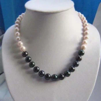 14k/20 white gold clasp AAA 9-12MM NATURAL Black with white PEARL NECKLACE 18"