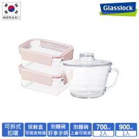 【Glasslock】強化玻璃微烤兩用櫻花晶透款保鮮盒+附蓋微波碗-超值3件組