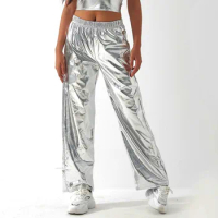 Shiny Silver Straight Leg Pants Women Loose Joggers Streetwear Hip Hop Disco Trousers Club Party Nightclub Stage Singer Costume