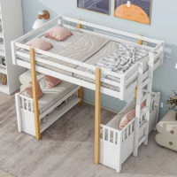 Wood Twin Size Loft Bed with 2 Seats and a Ladder, Bedroom Children's Bunk Bed, Single Bed, With Shelf, Junior Bed