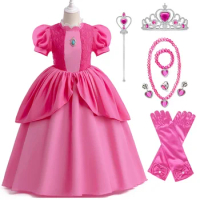 Peach Princess Dress Up Fashion Cosplay Costume Mario Kids Clothing for Girl Birthday Party Costume for Halloween Christmas