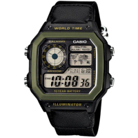 【CASIO 卡西歐】十年之旅數位錶-綠框x黑帆布錶帶(AE-1200WHB-1B)