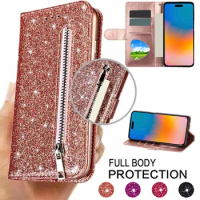 Wallet Glitter Zipper With Card Slot Stand Magnetic Flip Leather Case For iPhone 15 Pro Max 14 Plus 13 12 11 SE2 XS XR 8 7 Cover