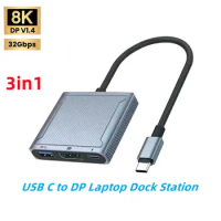 USB C to 8K DP Adapter 3in1 Hub Thunderbolt3/4 Type-C to DisplayPort 1.4 PD100W Charging USB OTG Dock Station for Laptop Monitor
