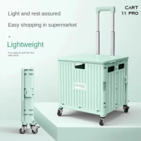 Supermarket Portable Folding Shopping Cart Luggage Trolley Universal Wheel Plastic Lever Car Trolley