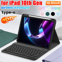 Keyboard and Case Wireless Removable Keyboard with Pencil Holder Protective Folio Stand Cover for iPad 10th Generation 10.9 Inch