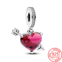 Boutique 925 Sterling Silver LOVE Bow And Arrow Shoot Through Red Heart Charm Fit Pandora Bracelet Ladies Confession Gift