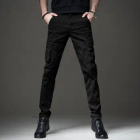 Autumn Men's Cotton Black Cargo Pants Tactical Casual Slim Fit Straight Trousers