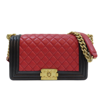 CHANEL 香奈兒【激安價】 紅色/黑色  牛皮 菱格紋 Boy 25 肩背包 【二手名牌BRAND OFF】