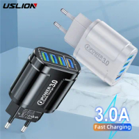 USLION 48W USB Charger Fast Charge QC 3.0 Wall Charging For iPhone 14 15 Samsung Xiaomi Mobile 4 Ports EU US Plug Adapter Travel