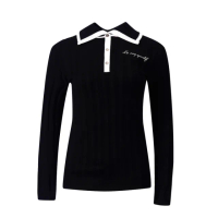 【LE COQ SPORTIF 公雞】高爾夫系列 女款黑色質感拼色氣質POLO長袖棉衫 QLS2J110